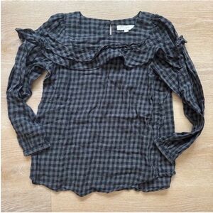 LOFT Gray Buffalo Checked Ruffle Blouse